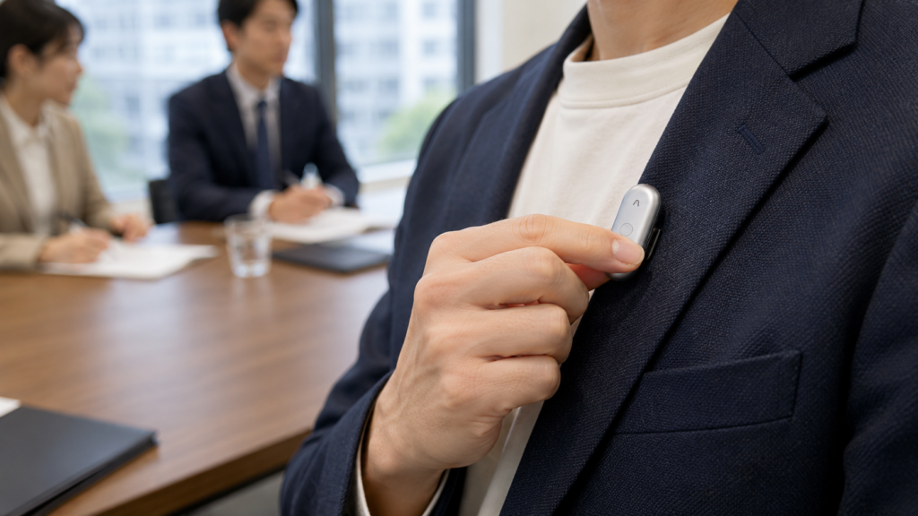 A person wearing a PLAUD NotePin S clipped to a jacket during a business meeting, pressing the physical record button while colleagues are blurred in the background.