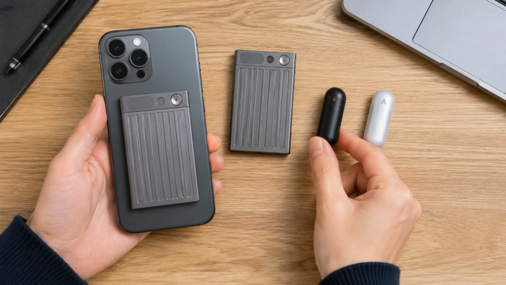 Hands comparing PLAUD AI card-type and wearable voice recorder models beside a smartphone and laptop