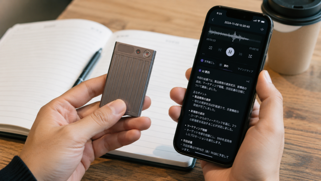 Hands using a PLAUD AI voice recorder and smartphone app to review an audio transcription and meeting summary