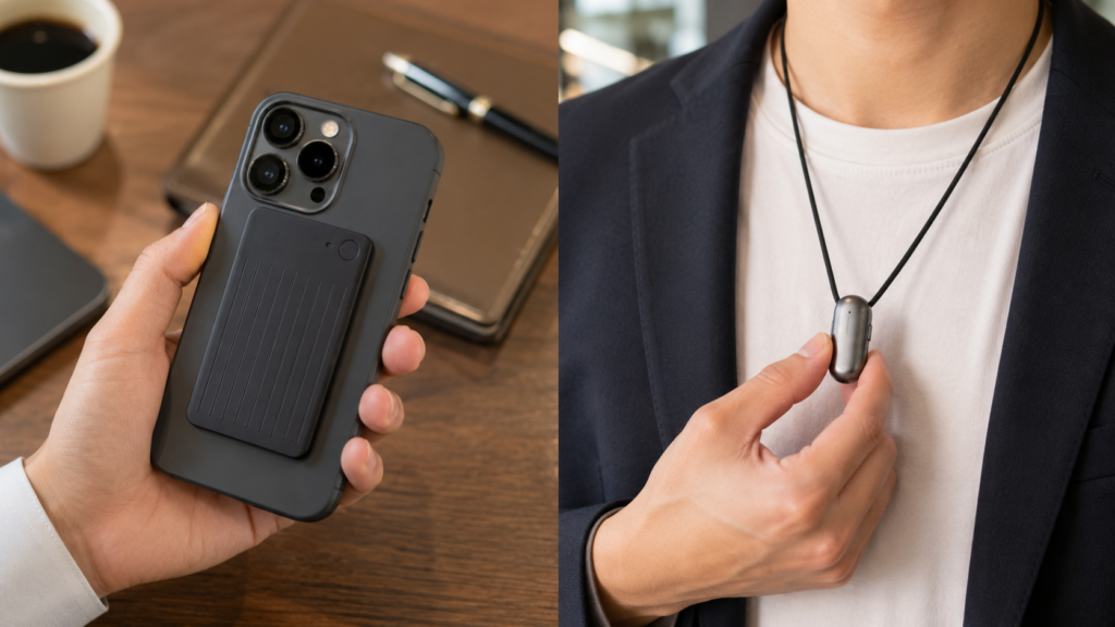 Side-by-side comparison of a card-style AI voice recorder attached to a smartphone and a wearable AI voice recorder worn on a lanyard in a real business environment.