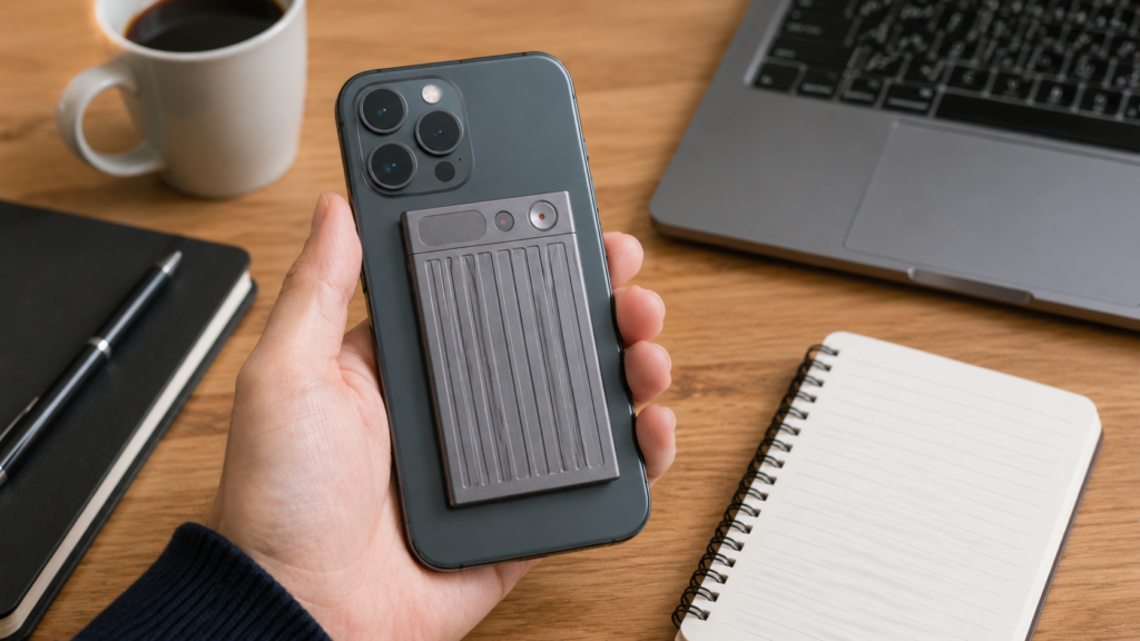 Hand holding a smartphone with a slim Plaud Note voice recorder magnetically attached to the back