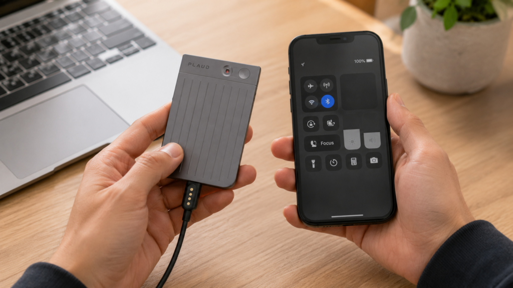 A person troubleshooting PLAUD Note by charging the device and checking Bluetooth settings on a smartphone at a desk.