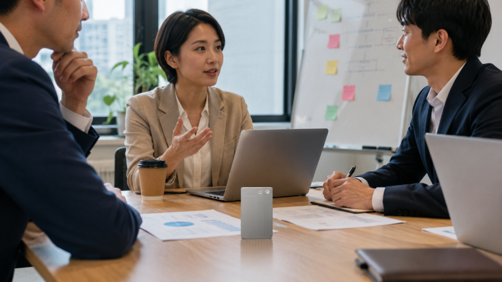 PLAUD Note recording a business meeting on a conference table while three professionals discuss their work