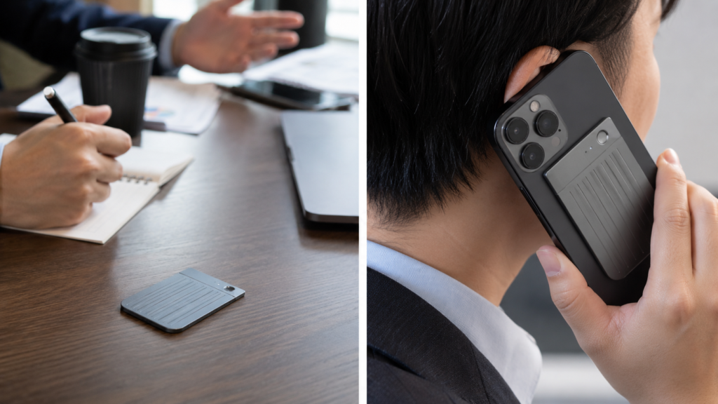 Split-screen image showing a PLAUD Note used on a meeting table for face-to-face recording and attached to a smartphone for call recording.