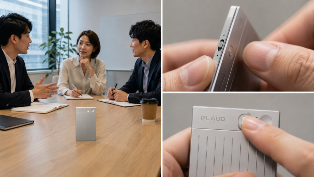 PLAUD Note being switched to face-to-face recording mode and activated with a long press during a business meeting