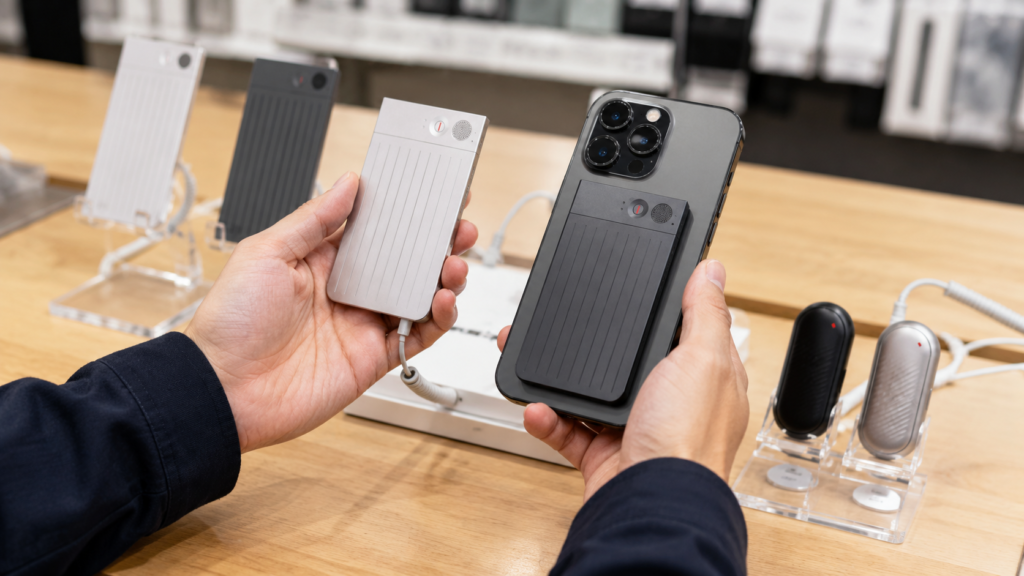 A customer comparing a PLAUD Note device in hand with a smartphone at an electronics store display, showcasing a realistic hands-on shopping experience.