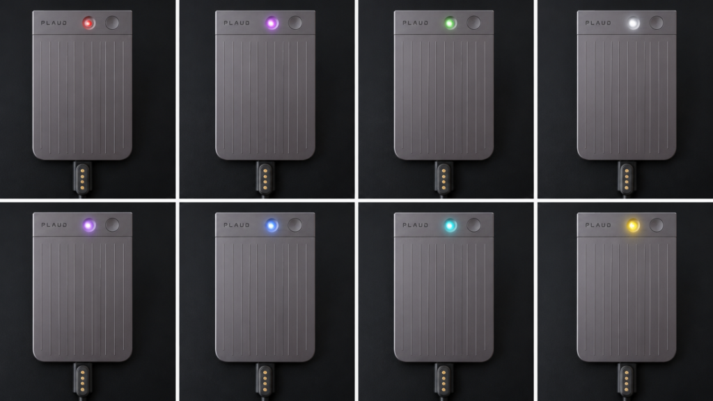 PLAUD Note displaying multiple LED indicator states, including recording, charging, fully charged, pairing, low battery, Wi-Fi transfer, firmware update, and storage full.