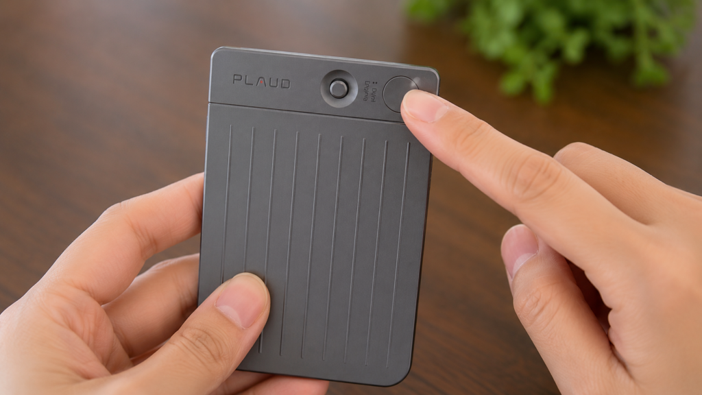 Close-up of a person pressing and holding the central record button on a PLAUD Note device to start recording.