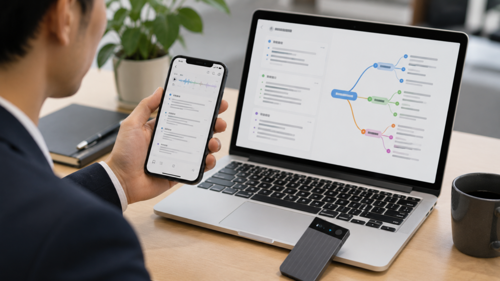 A realistic workspace showing a PLAUD Note Pro with a laptop and smartphone displaying an AI-generated meeting summary and mind map visualization