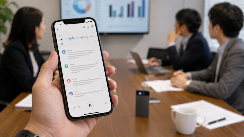 A realistic office meeting with a PLAUD Note Pro recording audio while an AI transcription interface on a smartphone organizes speech by multiple speakers