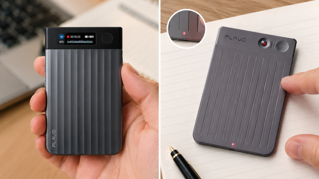 Side-by-side comparison of PLAUD Note Pro with an AMOLED display and PLAUD Note using LED recording indicator during voice recording