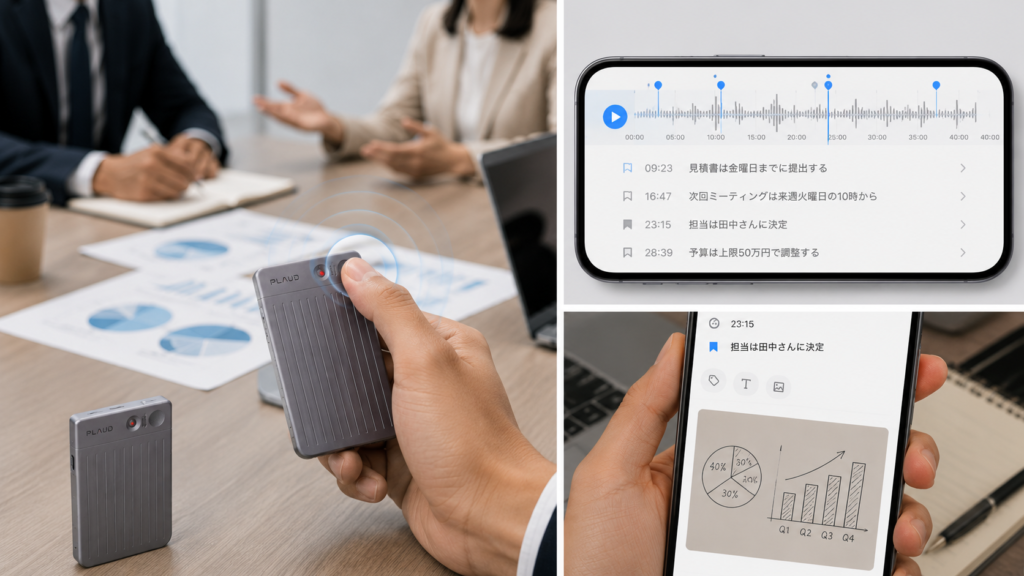 PLAUD Note Pro being used to add a highlight marker during a business meeting, with the AI app showing timestamps, notes, and linked meeting materials