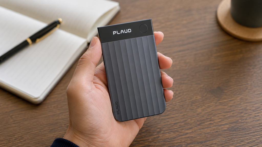 Close-up of a person holding a PLAUD Note Pro with its AMOLED display and recording button visible on a wooden desk