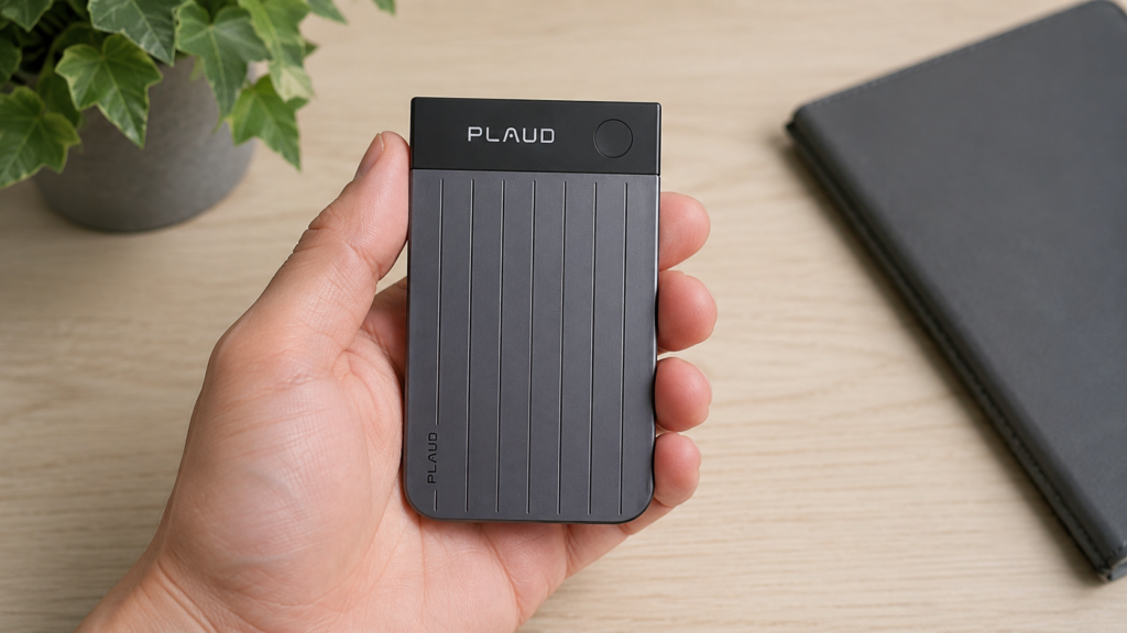 A realistic close-up of a person holding a PLAUD Note Pro AI voice recorder on a wooden desk