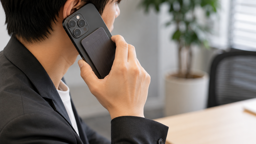 A realistic close-up of a PLAUD Note Pro magnetically attached to the back of a smartphone during a phone call, illustrating vibration-based VPU recording