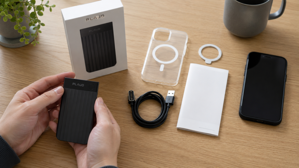 PLAUD Note Pro and its setup essentials neatly arranged on a desk, including the recorder, magnetic charging cable, MagSafe case, magnetic ring, smartphone, and user manual.