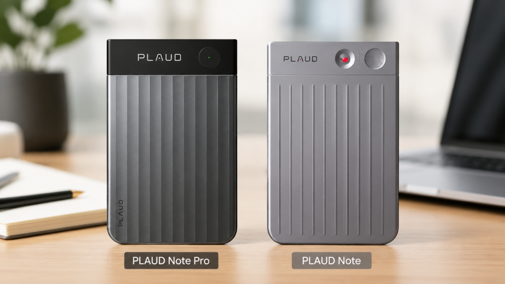 PLAUD Note Pro and PLAUD Note displayed side by side on a wooden desk for a visual design comparison
