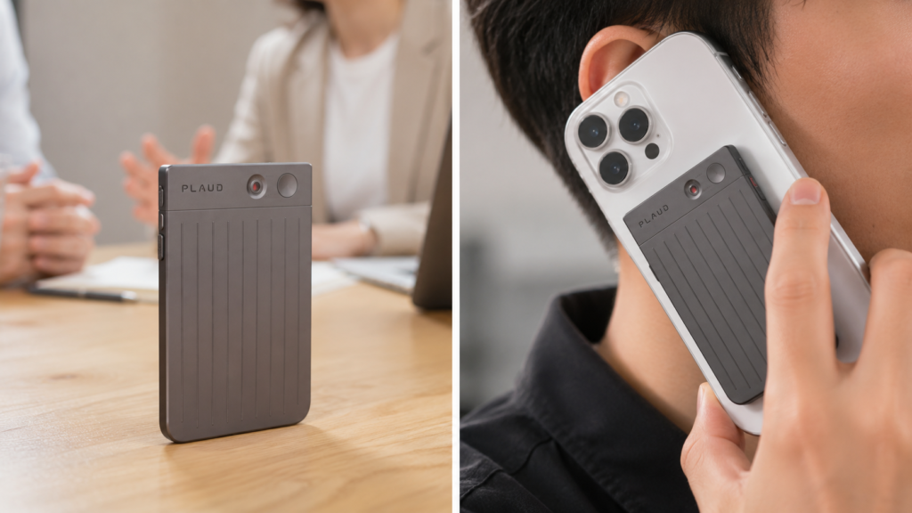 PLAUD Note demonstrating standard recording mode on a meeting table and call recording mode attached to the back of a smartphone during a phone call.