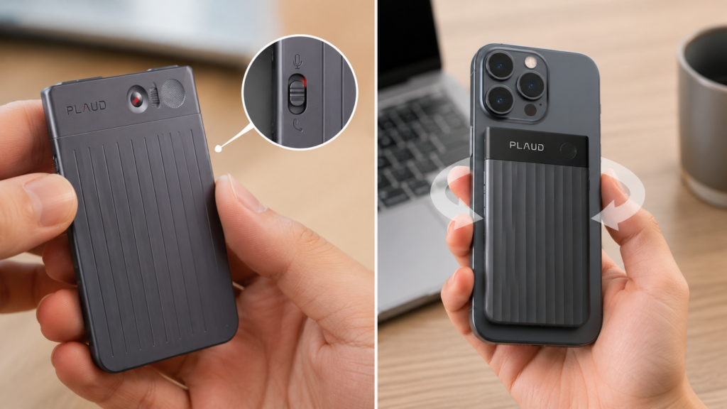 Side-by-side comparison of PLAUD Note manual recording mode switch and PLAUD Note Pro automatic recording mode detection while used for meetings and phone calls