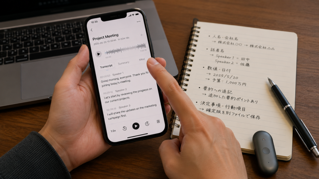 A realistic close-up of a person reviewing a PLAUD meeting transcript on a smartphone while comparing handwritten correction notes before retranscribing the recording, with a laptop and PLAUD recorder on a desk.