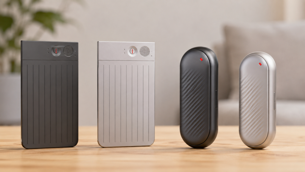 Four PLAUD Note series devices displayed side by side on a wooden table, comparing the card-style and wearable AI voice recorder models in a clean indoor setting.