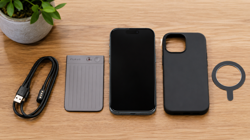 PLAUD Note, magnetic charging cable, smartphone, protective case, and MagSafe ring arranged on a wooden desk for initial setup.
