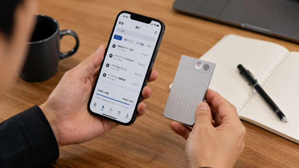 A person holding a PLAUD Note and a smartphone displaying recorded meetings and transcription usage, illustrating the Starter plan in a realistic workspace.