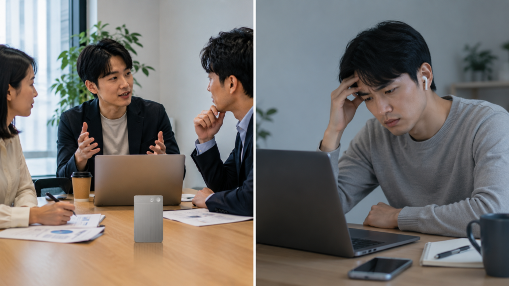 Split scene showing PLAUD Note suited to frequent in-person meetings and less suited to a remote worker using wireless earbuds
