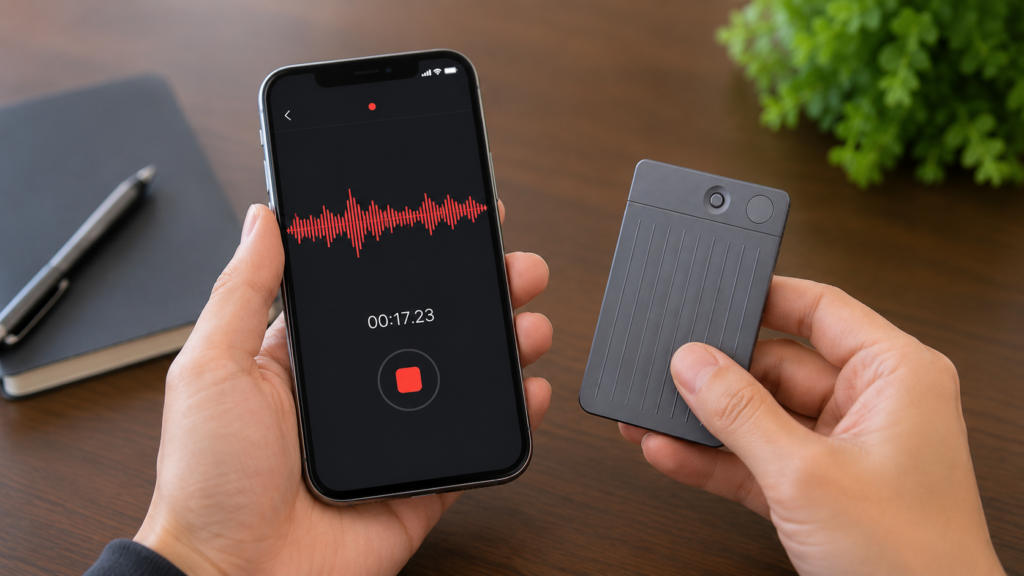 A person performing a short test recording with a PLAUD Note and smartphone to check audio quality before an important meeting or phone call.