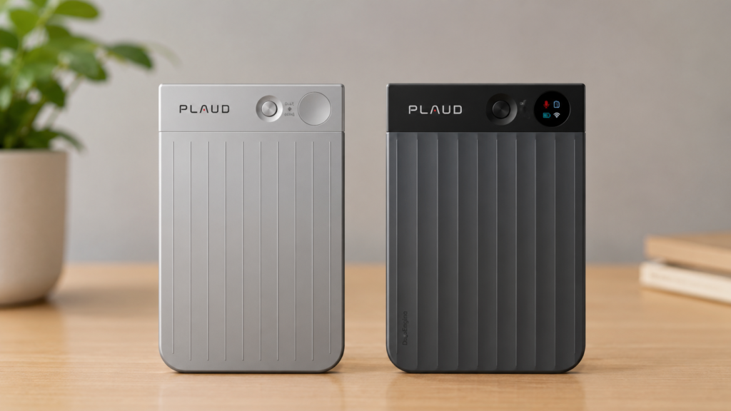 PLAUD Note and PLAUD Note Pro placed side by side on a desk for a realistic hardware comparison