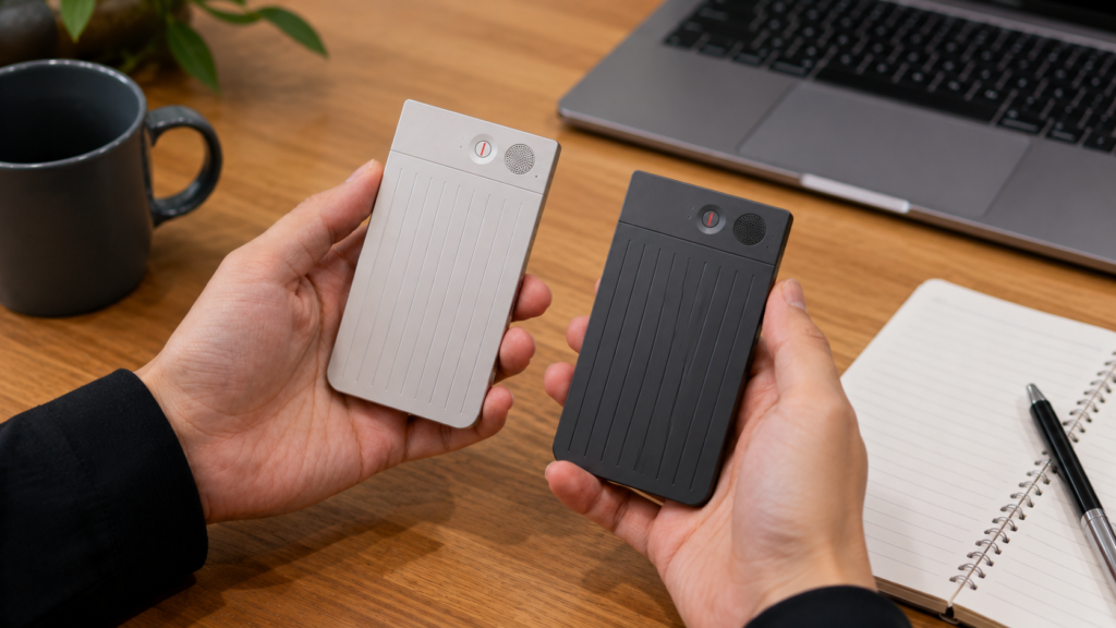 A person holding two card-shaped AI voice recorders side by side at a desk, illustrating a hands-on comparison between PLAUD Note and PLAUD Note Pro.