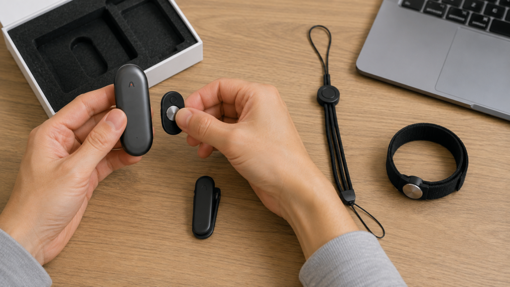 A realistic top-down view of hands holding a PLAUD NotePin S while arranging its four included accessories, including a magnetic pin, clip, neck lanyard, and wristband, on a wooden desk.