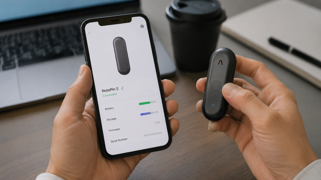 A realistic close-up of a person holding a PLAUD NotePin S while checking its battery status and device information in the PLAUD mobile app on a smartphone at a desk.