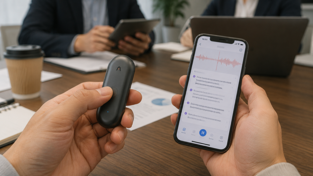 A realistic close-up of a person using a PLAUD NotePin S during a business meeting while pressing the physical button to add a highlight marker, with a smartphone displaying the recording interface.