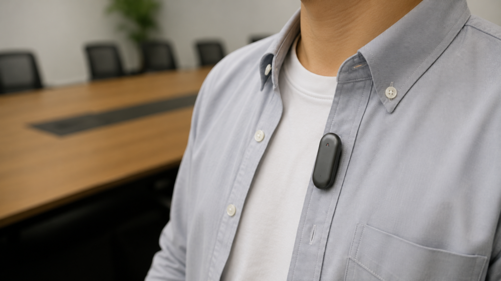 A realistic close-up of a person wearing a PLAUD NotePin S clipped to the outside of a shirt near the chest in a meeting room, demonstrating proper microphone placement for clear voice recording.
