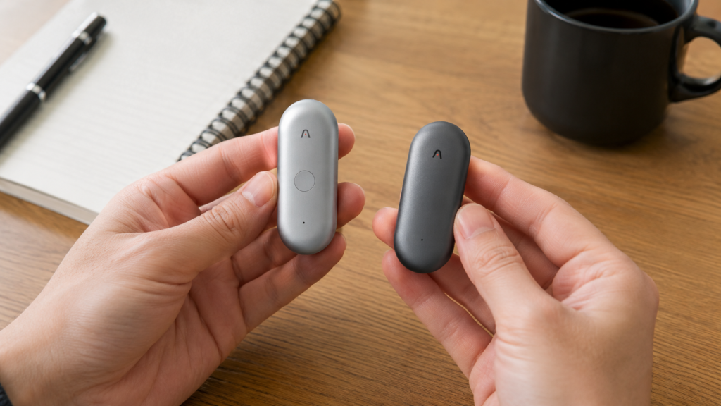 A realistic side-by-side comparison of the PLAUD NotePin S and the original PLAUD NotePin held in both hands on a wooden desk, highlighting their updated design and physical button improvements.