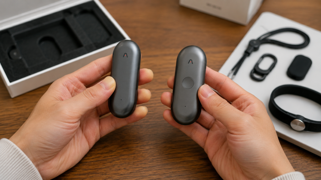 A realistic close-up comparison of the PLAUD NotePin S and the original NotePin held side by side above a wooden desk, clearly showing the newer model's physical button and the older model's simpler front design.