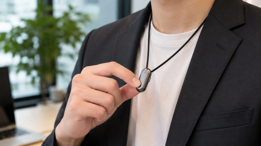 A person wearing a PLAUD NotePin S AI voice recorder on a lanyard while preparing for a business meeting in a modern office.