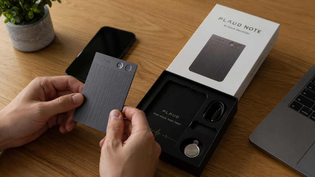 Hands holding a PLAUD AI voice recorder beside its official packaging, smartphone, and accessories on a wooden desk