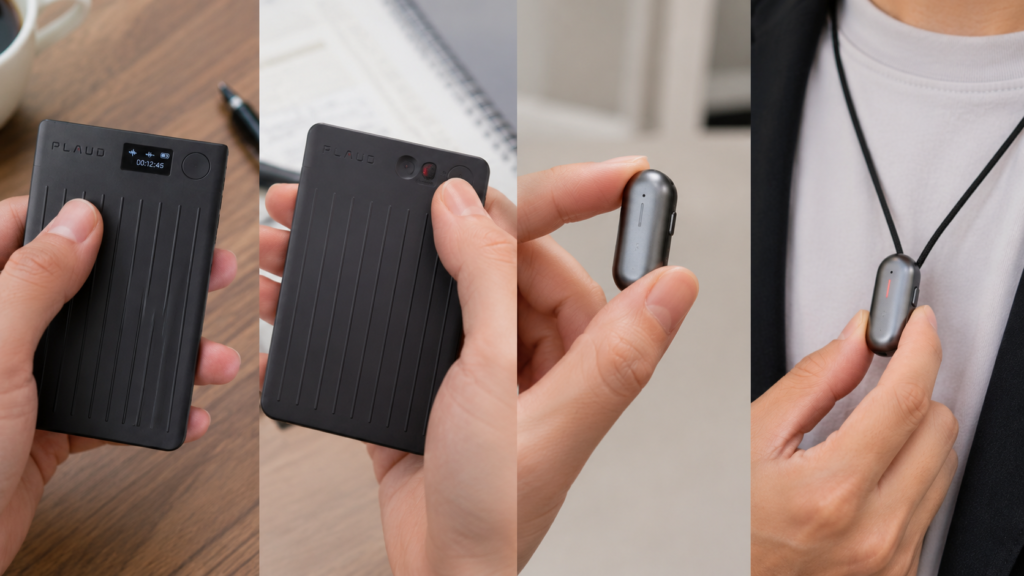 Close-up comparison of AI voice recorders showing a device with an AMOLED display, button controls, and wearable models demonstrating different operation methods in a real office environment.