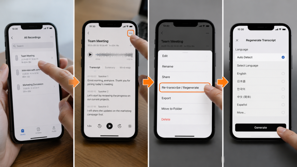 A realistic step-by-step illustration showing how to reopen a recording in the PLAUD app, access the options menu, select retranscription, choose the spoken language, and start generating a new transcript.