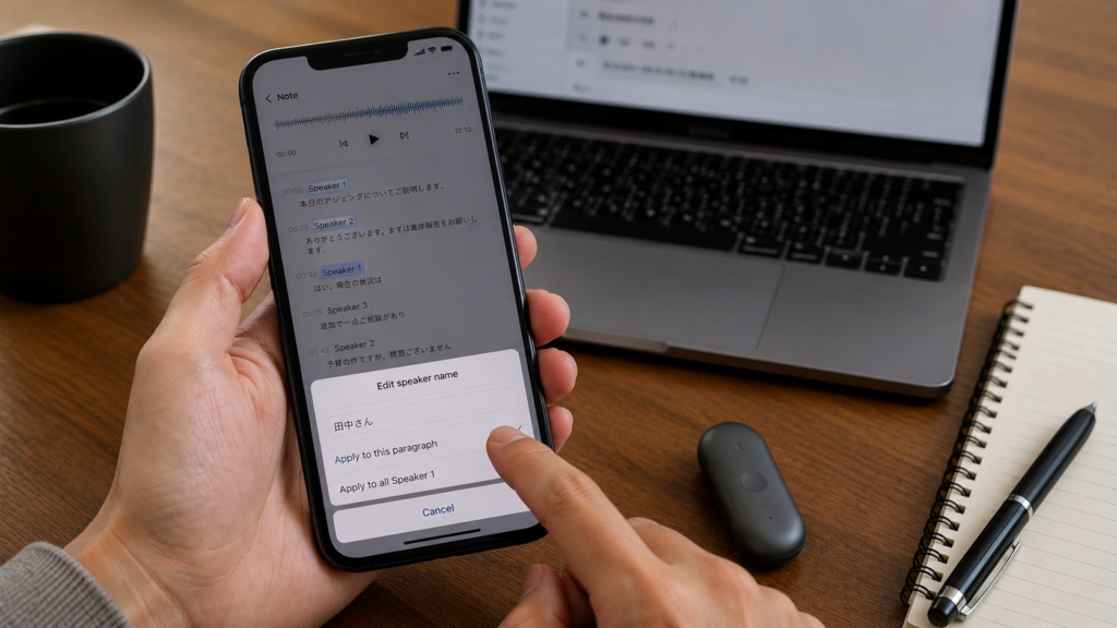 A realistic close-up of a person renaming speaker labels in a meeting transcript on a smartphone while reviewing the recording on a laptop, with a PLAUD recorder and notebook on a wooden desk.
