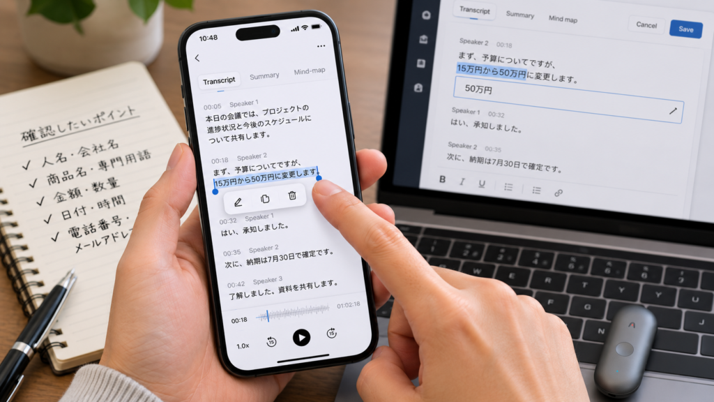 A realistic close-up of a person editing a transcript directly on a smartphone while comparing the changes with a laptop transcript editor, with a notebook listing key items such as names, dates, and numbers on a desk.