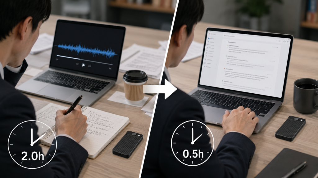 A professional comparing manual meeting note-taking with an AI-assisted transcription workflow on a laptop, illustrating improved productivity and time savings.