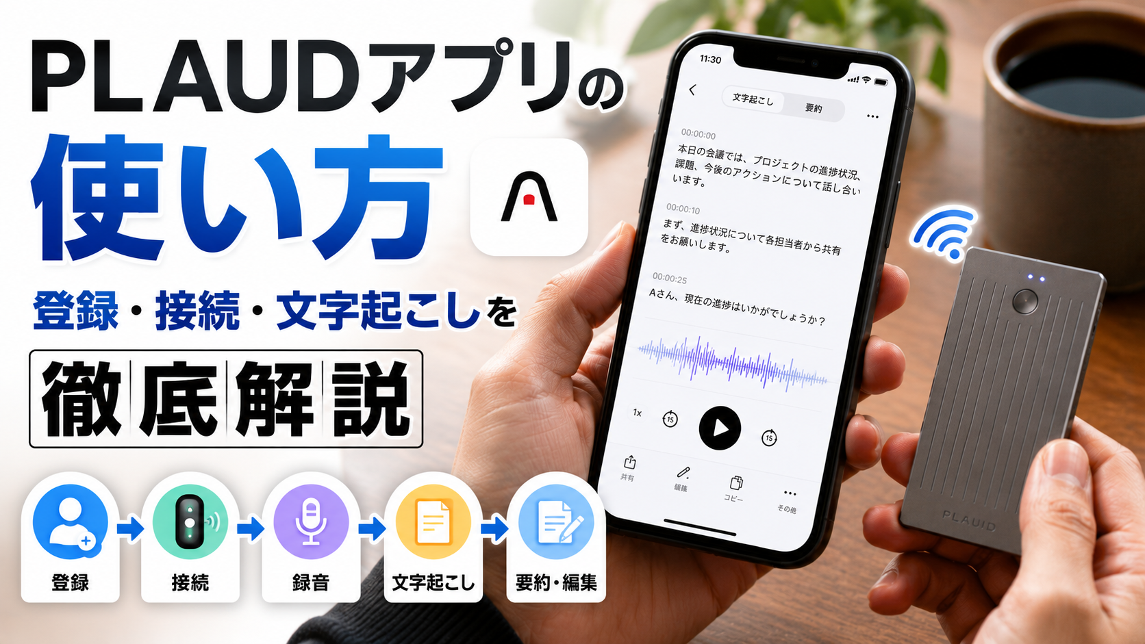 A featured blog cover showing a PLAUD Note Pro and the PLAUD mobile app displaying AI transcription, highlighting the complete workflow from registration and device connection to transcription and summarization.