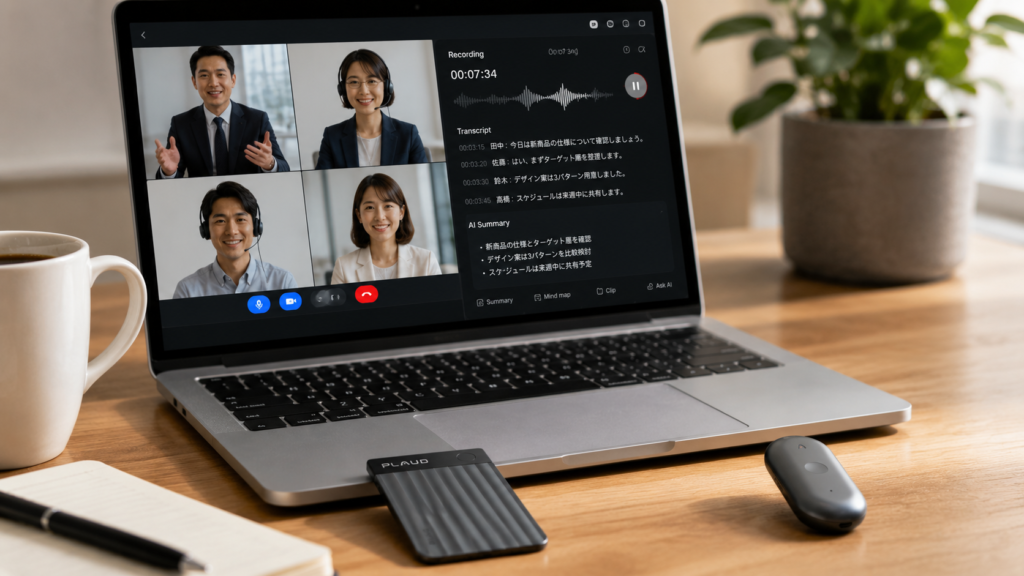 A realistic home office setup showing a laptop running an online video meeting with AI transcription software, while a PLAUD Note Pro and a PLAUD NotePin S rest on the desk to illustrate different recording workflows.