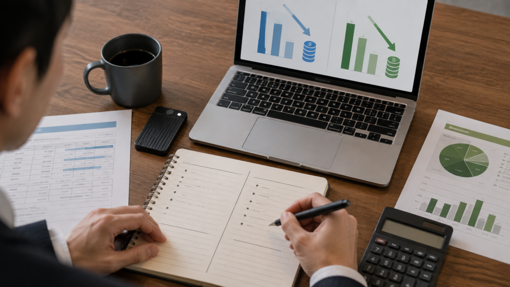 A professional comparing subscription costs and additional transcription minutes using a laptop, calculator, notebook, and AI voice recorder on a wooden desk.