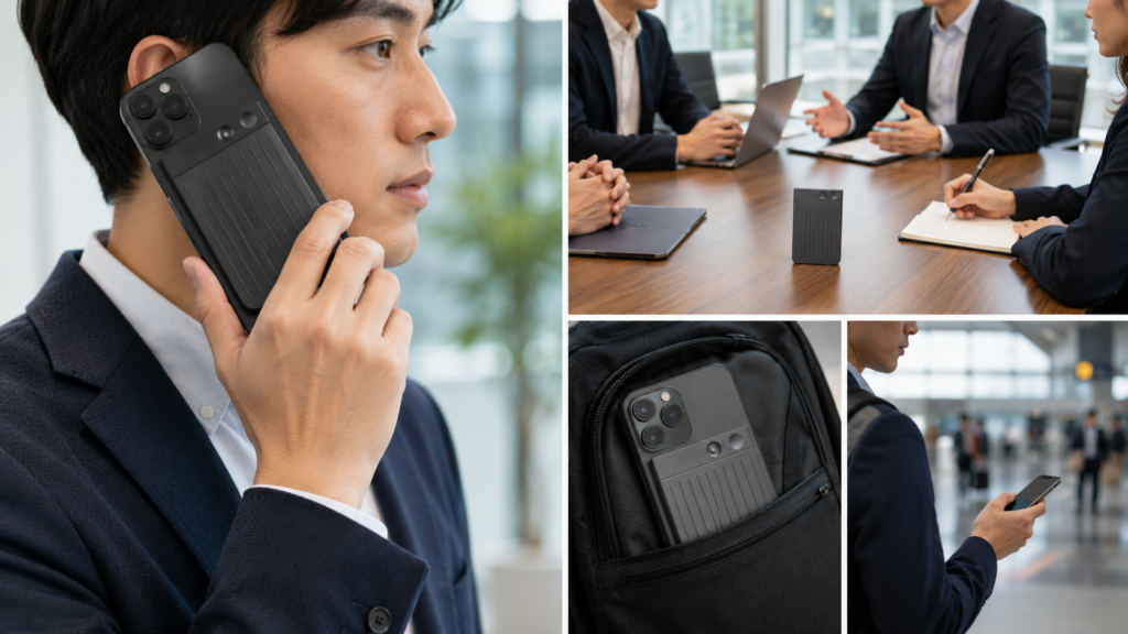 A realistic collage showing PLAUD Note attached to a smartphone during business calls, meetings, and daily work, highlighting its suitability for call recording and professional use.
