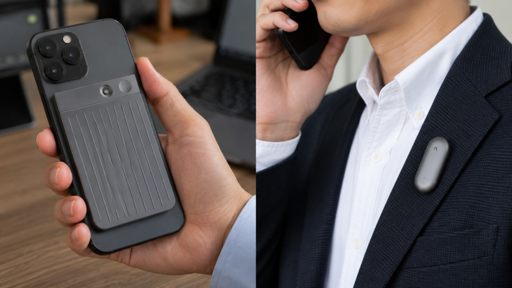 A realistic side-by-side comparison showing PLAUD Note attached to the back of a smartphone for vibration-based call recording and PLAUD NotePin clipped to a blazer for hands-free face-to-face voice recording.