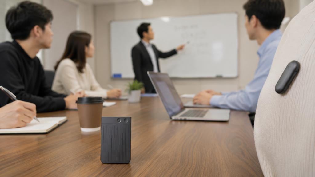 A realistic meeting room scene showing a PLAUD Note placed on a conference table and a PLAUD NotePin clipped to a participant's clothing during a business meeting, illustrating different recording styles for meetings and lectures.